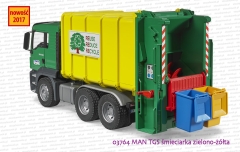 03764 BRUDER MAN TGS śmieciarka zielono-żółta z tylnym załadunkiem - pojemniki założone i gotowe do wysypania