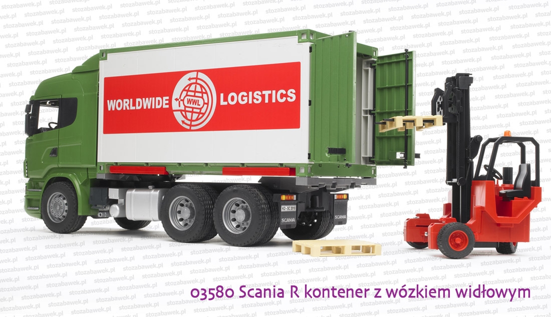 Bruder 03580 Scania R kontener z wózkiem widłowym i dwiema paletami