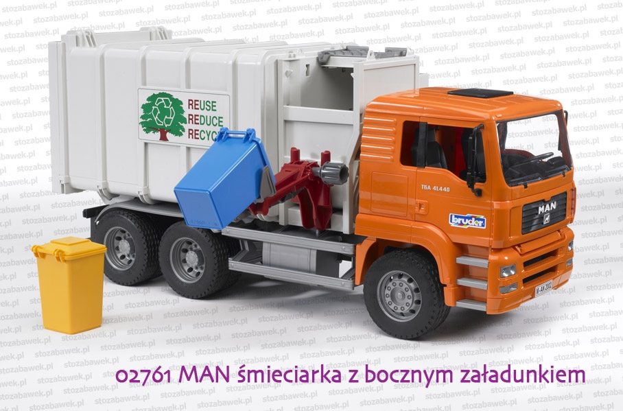 Bruder - 02761 MAN śmieciarka pomarańczowa z bocznym załadunkiem