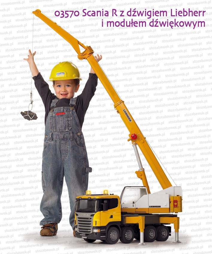 03570 BRUDER Scania R z dźwigiem Liebherr i modułem dźwiękowym - kask, chłopczyk i kamień nie wchodzą w skład zestawu