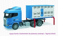 03549 BRUDER Scania R ze zdejmowanym kontenerem do przewozu zwierząt + figurka krowy/byka