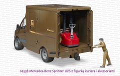 02538 BRUDER Mercedes-Benz Sprinter UPS z figurką kuriera, podnośnikiem, paletami i paczkami