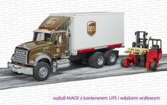 02828 BRUDER MACK z kontenerem UPS i wózkiem widłowym