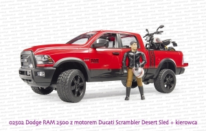 02502 BRUDER Dodge RAM 2500 z motorem Ducati i figurką kierowcy - wzór malowania motocykla sprzed roku 2022