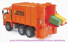 Bruder 02762 MAN śmieciarka pomarańczowa z tylnym załadunkiem + 2 kosze na śmieci