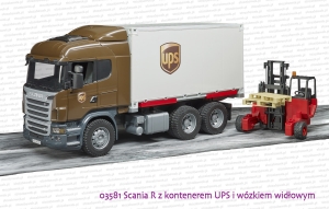 03581 BRUDER Scania R z kontenerem UPS i wózkiem widłowym