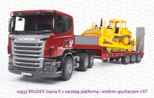 03555 BRUDER Scania R z naczepą platformą i dużym spychaczem CAT