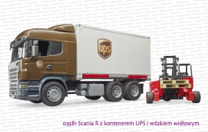 03581 BRUDER Scania R z kontenerem UPS i wózkiem widłowym 