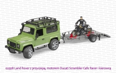 02598 BRUDER Land Rover Defender z przyczepą i motorem Ducati Scrambler Cafe