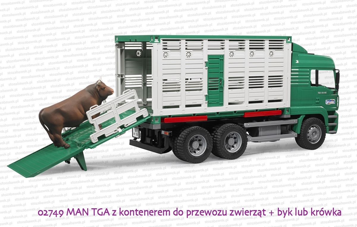Bruder 02749 MAN TGA z kontenerem do przewozu zwierząt + figurka krowy lub byka