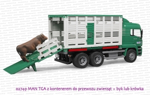 Bruder 02749 MAN TGA z kontenerem do przewozu zwierząt + figurka krowy lub byka