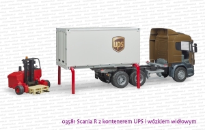 03581 BRUDER Scania R z kontenerem UPS i wózkiem widłowym - zestawiony kontener