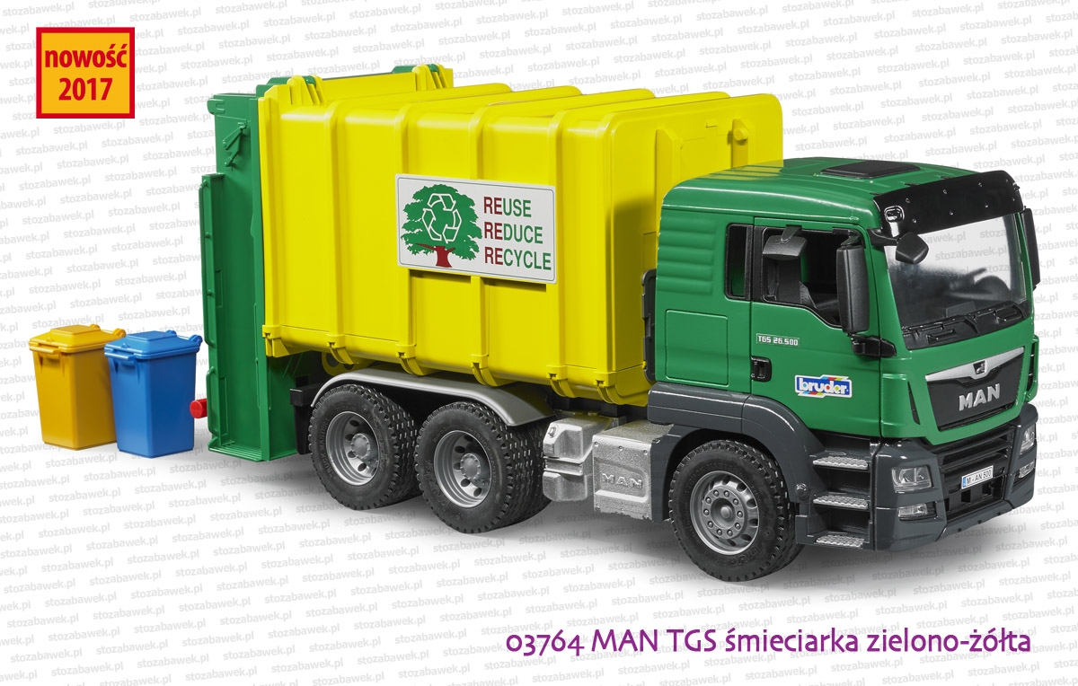 03764 BRUDER MAN TGS śmieciarka zielono-żółta z tylnym załadunkiem