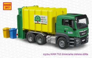 03764 BRUDER MAN TGS śmieciarka zielono-żółta z tylnym załadunkiem