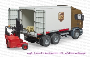 03581 BRUDER Scania R z kontenerem UPS i wózkiem widłowym
