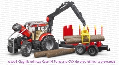 Bruder 03098 Ciągnik rolniczy Case IH Puma 230 CVX do prac leśnych z otwartą maską od silnika oraz z przyczepą