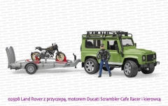 02598 BRUDER Land Rover Defender z przyczepą i motorem Ducati Scrambler Cafe