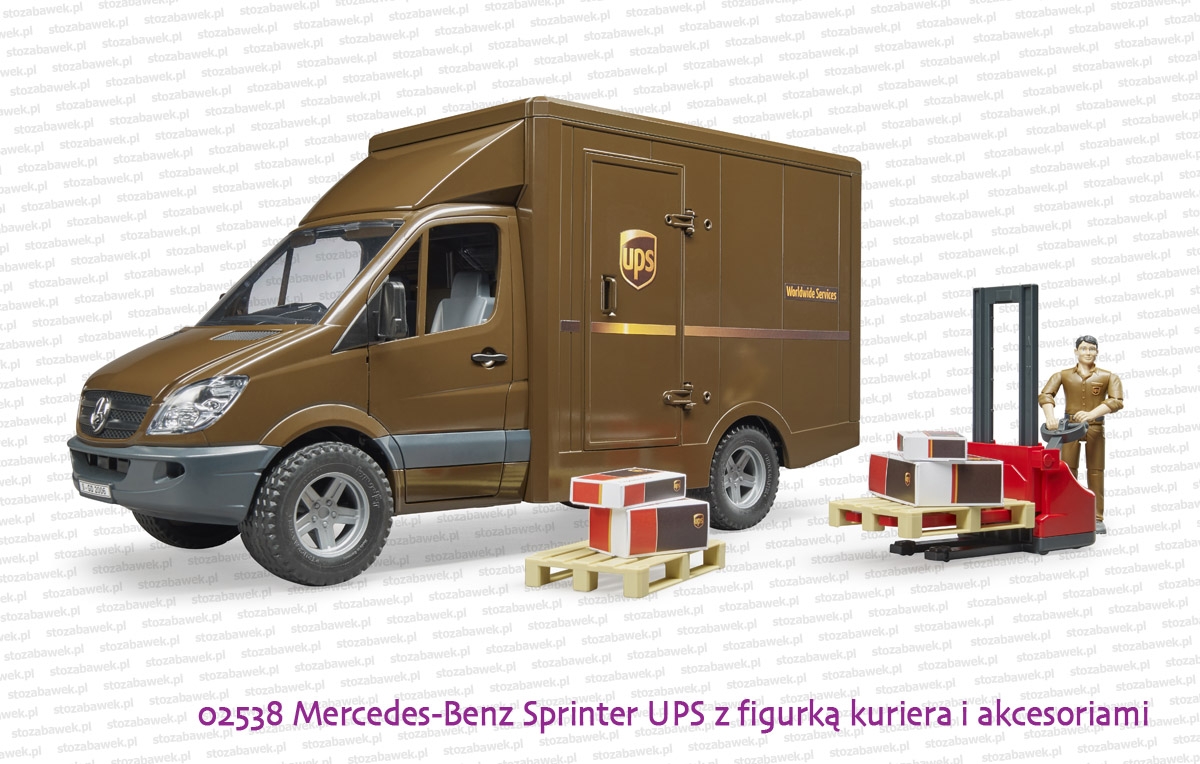02538 BRUDER Mercedes-Benz Sprinter UPS z figurką kuriera, podnośnikiem, paletami i paczkami