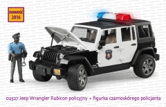 Bruder 02527 Jeep Wrangler Rubicon policyjny z otwartą maską od silnika + figurka czarnoskórego policjanta