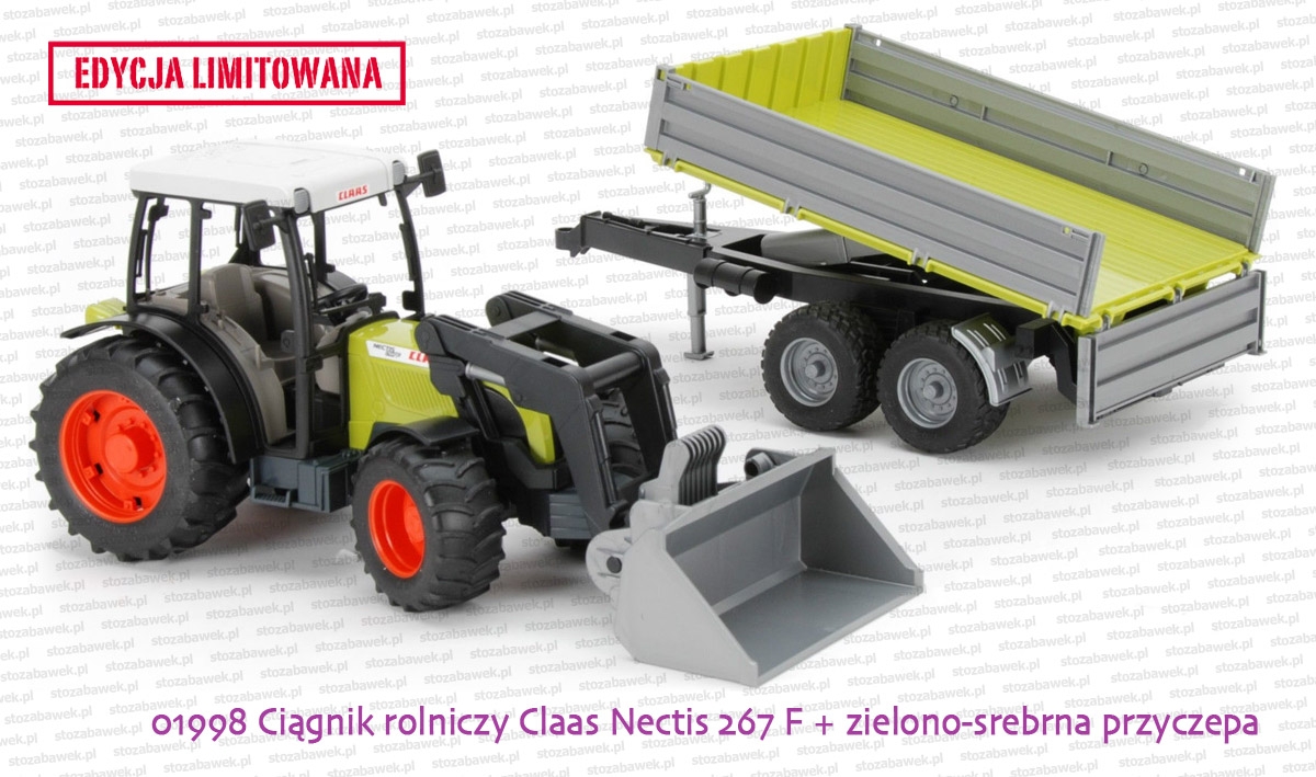 01998 Ciągnik rolniczy Claas Nectis 267 F z ładowaczem i zielono-srebrną przyczepą
