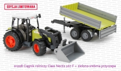 01998 Ciągnik rolniczy Claas Nectis 267 F z ładowaczem i zielono-srebrną przyczepą