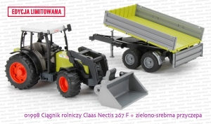 01998 BRUDER Ciągnik rolniczy Claas Nectis 267 F z ładowaczem i zielono-srebrną przyczepą