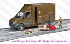 02538 BRUDER Mercedes-Benz Sprinter UPS z figurką kuriera, podnośnikiem, paletami i paczkami