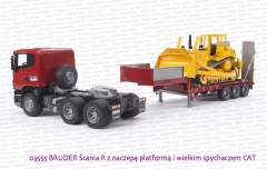03555 BRUDER Scania R z naczepą platformą i wielkim spychaczem CAT