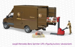 02538 BRUDER Mercedes-Benz Sprinter UPS z figurką kuriera, podnośnikiem, paletami i paczkami