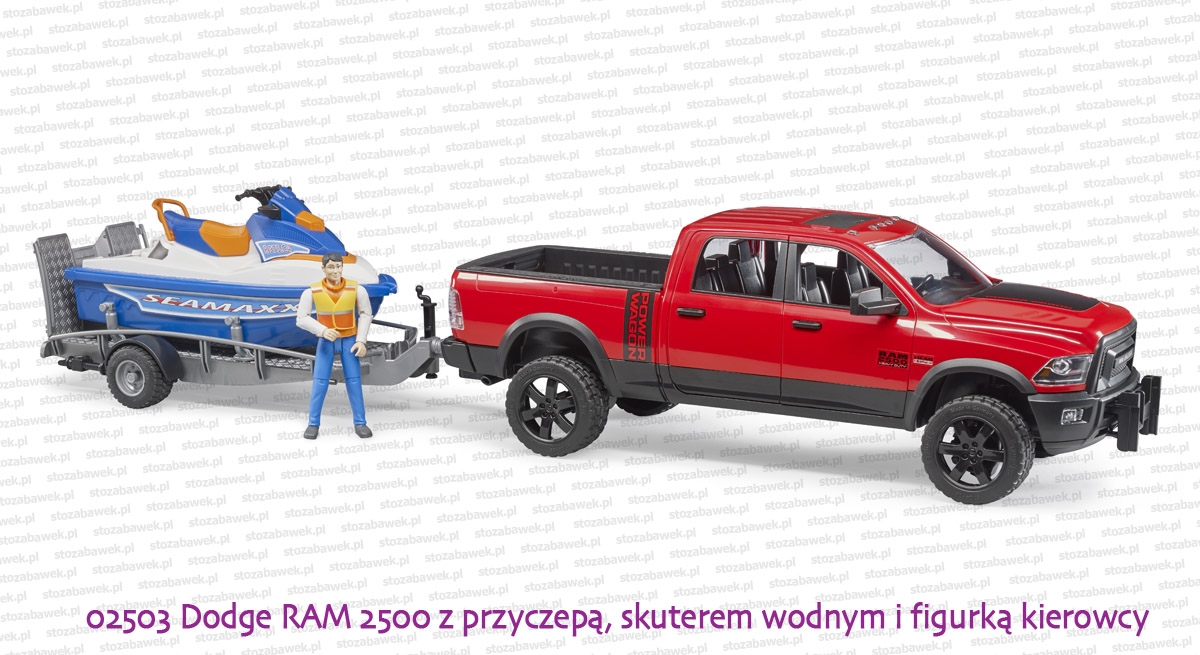 02503 BRUDER Dodge RAM 2500 Pickup z przyczepą, skuterem wodnym i figurką