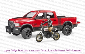 02502 BRUDER Dodge RAM 2500 z motorem Ducati i figurką kierowcy - wzór malowania motocykla sprzed roku 2022
