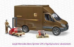 02538 BRUDER Mercedes-Benz Sprinter UPS z figurką kuriera, podnośnikiem, paletami i paczkami