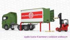 Bruder 03580 Scania R kontener z wózkiem widłowym i dwiema paletami - trwa załadunek, kontener stoi na własnych podporach