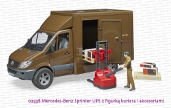 02538 BRUDER Mercedes-Benz Sprinter UPS z figurką kuriera, podnośnikiem, paletami i paczkami