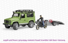 02598 BRUDER Land Rover Defender z przyczepą i motorem Ducati Scrambler Cafe