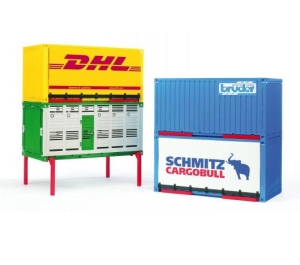 Bruder - kontener DHL, kontener do przewozu zwierząt, 03910 kontener pełny niebieski, 03900 kontener z plandeką