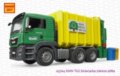 03764 BRUDER MAN TGS śmieciarka zielono-żółta z tylnym załadunkiem