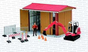 62020 BRUDER Hala maszynowa bworld + koparka Schaeff + figurka mężczyzny