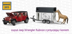 Bruder 02926 Jeep Wrangler Unlimited Rubicon z przyczepą i koniem - z otwartą przednią maską i drzwiami