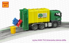 03764 BRUDER MAN TGS śmieciarka zielono-żółta z tylnym załadunkiem