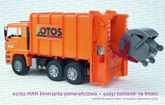 Bruder 02762 MAN śmieciarka pomarańczowa z tylnym załadunkiem + 42637 kontener na śmieci do kupienia osobno